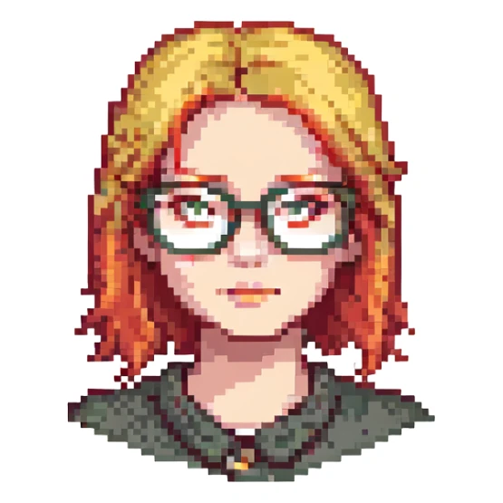 A red-haired girl with blond eyebrows and square glasses sticker