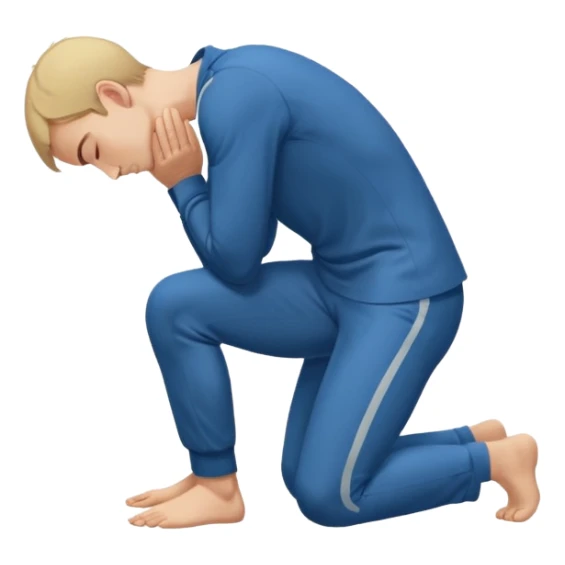 side view of a man kneeling on the ground with head and arms lowered, bowing deeply, gesture of respect or apology sticker