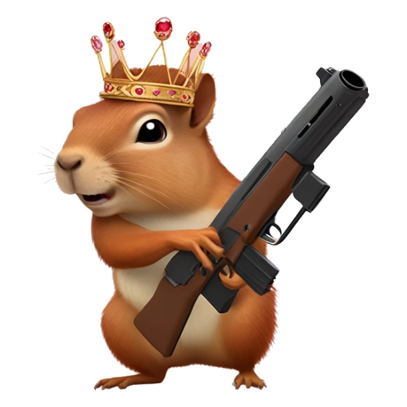 Squirrel with a tiara riding a capybara while shooting hearts out of a gun sticker