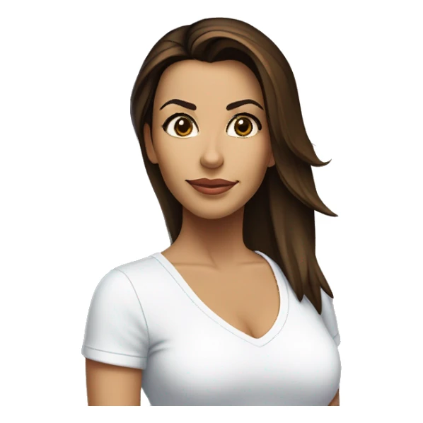 3/4 face, contrasted, shadow, light, Eva Longoria expression, standing from a distance, thin nose, brunette woman, hazel eyes, long eyelashes, dark shoulder shaded hair, white t-shirt, jeans, white sneakers sticker