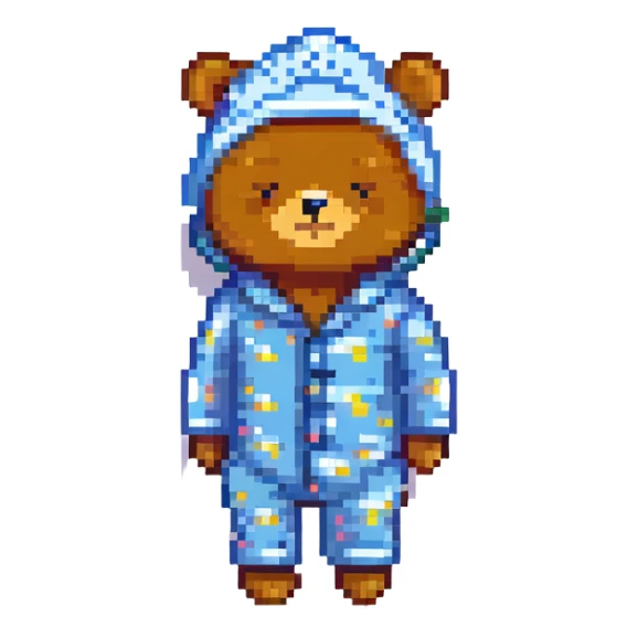 bear in pajamas with sleeping cap, pixel art style sticker