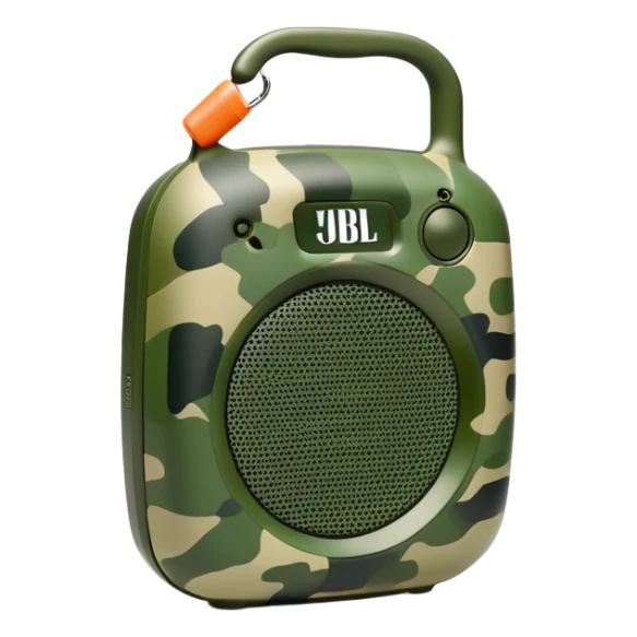 Minimalist JBL Clip 4 speaker with classic green army camouflage pattern, iOS emoji style sticker