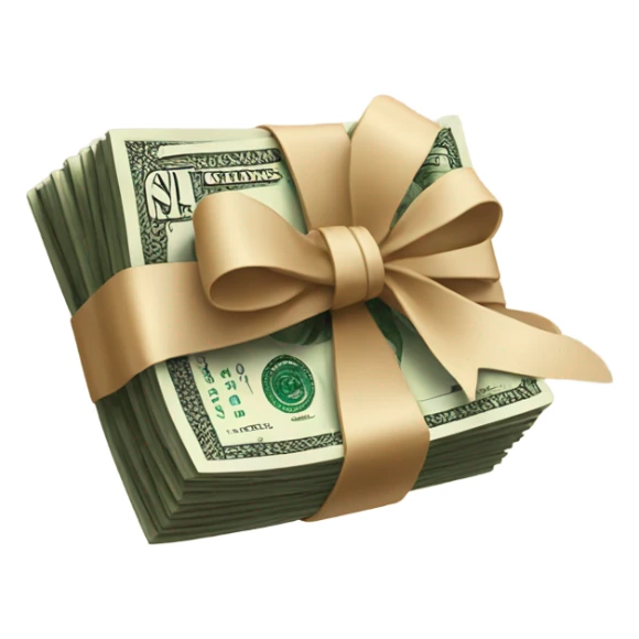 a bundle of money tied with a beige bow sticker