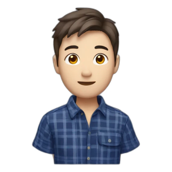 A Chinese young man with no beard,  short brown hair, exuding confidence, clad in a navy blue checked flannel shirt. sticker