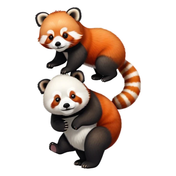 Red panda balancing on a giant panda's head sticker