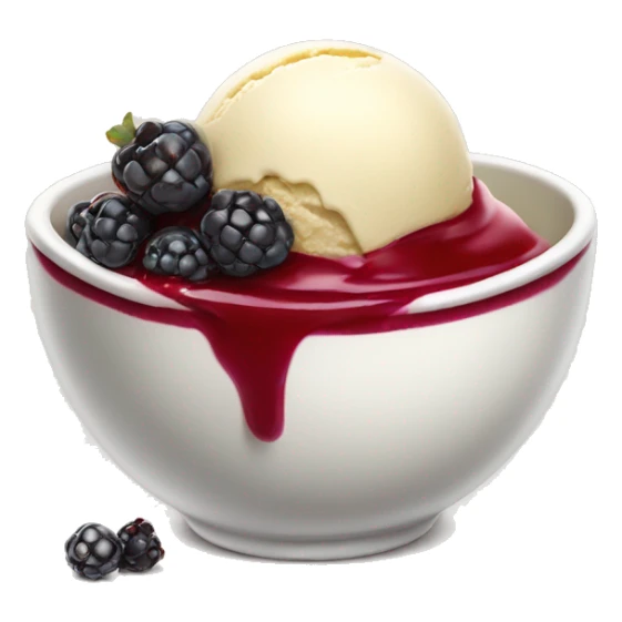 Vanilla ice cream in a bowl with hot berrie sauce on top and berries sticker