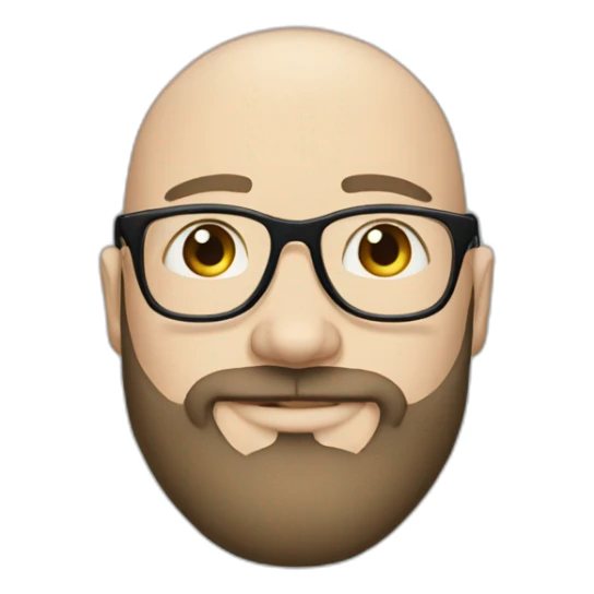 30 years old white bald man with a beard and squared black glasses, blue eyes sticker