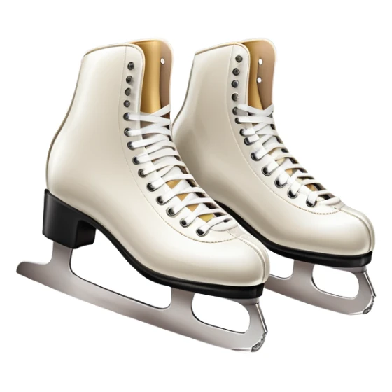 An icon featuring a pair of elegant figure skates resting on scratched, worn ice. In the background, cheering spectators fill the stands of a grand stadium, creating a vibrant atmosphere. Transparent background highlights the essence of figure skating performance sticker