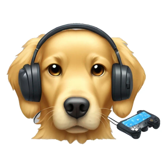 golden retriever with gaming pad in ahnds and headset sticker