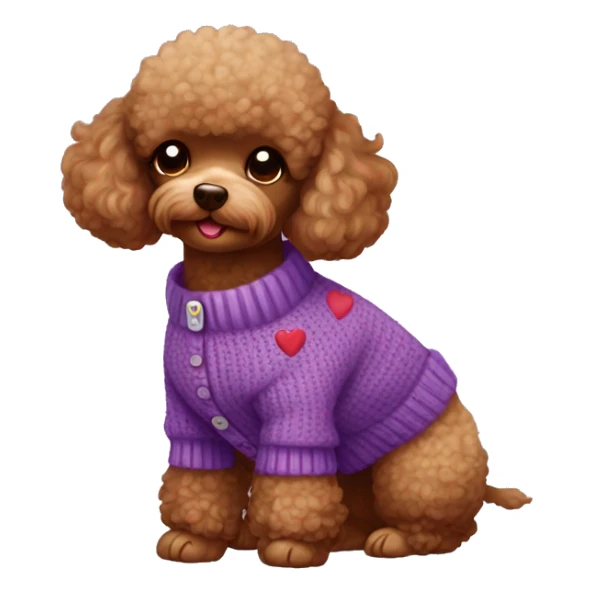 toy poodle red brown in a purple cardigan with hearts sticker
