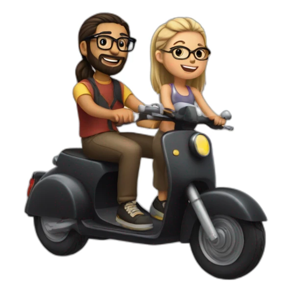 boy with long hair tied in a bun, beard, and glasses, riding a black scooter with a girl on the back sticker