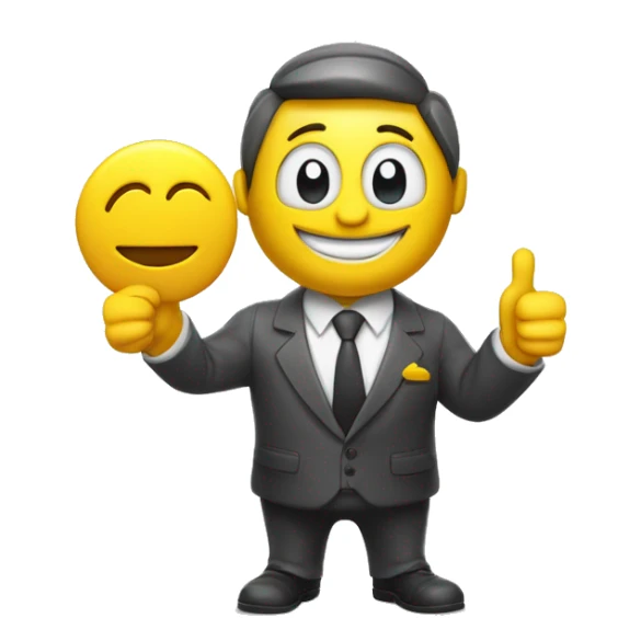  A ISOMETRIC VECTOR 3D cartoon character with a yellow body is holding a house-shaped sign that reads 'FUCCI' . The character is wearing a  suit, white shirt, and tie,  The character has an smiling emoji face and is giving a thumbs-up with their right arm sticker