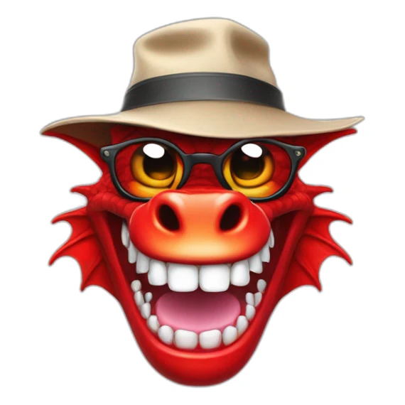Crazy funny red dragon head with human white teeth and beautiful smile wearing glasses and hat sticker