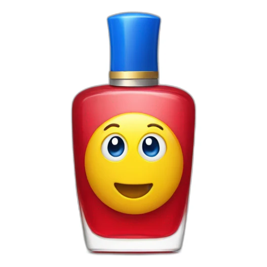 Red perfume with a blue cap and a yellow collar next to it sticker