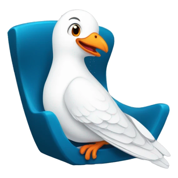 Create for twitch a comic style animated white dove with orange mouth sitting and laughing on a blue chair hitting its knee. Transparent background  sticker
