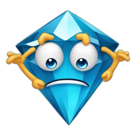 A blue diamond with a face, arms and legs doing something random and with a sad face sticker