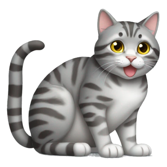 Grey tabby cat full body sitting licking paw sticker