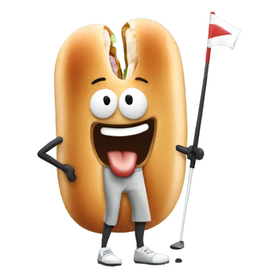 Man playing golf but the golf ball is a hot dog sticker