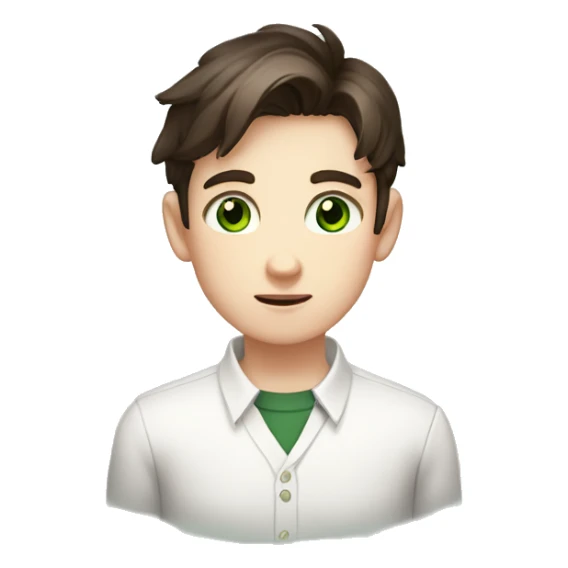 Boy, pale skin, dark green eyes, brunet, white collared shirt, blushing, nervous, hands sticker