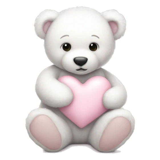 A cute, soft white teddy bear gently holding a pastel pink heart, exuding a sweet and gentle vibe.  sticker