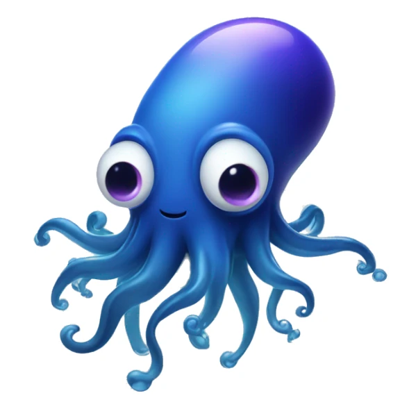 An oblong floating squid in dark blue gradient with happy eyes, a slight violet tint on te end of the tenacles, with bubbles floating around sticker
