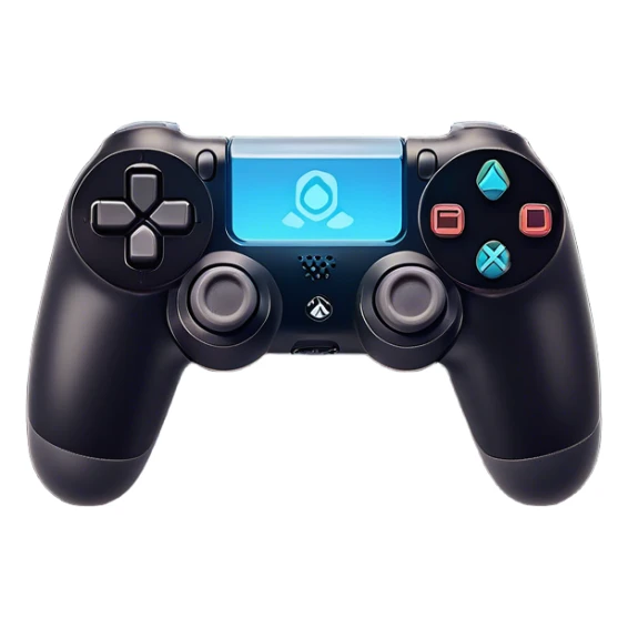 Clash of Clans aesthetic: Cinematic Playful PlayStation 4 DualShock Controller Portrait Emoji, rendered in a 3D vector-style similar to standard emojis with minimal shading and bold, simplified shapes. A compact, distinct form with signature details, softly glowing with a cutting-edge console technology charm. Simplified yet unmistakably iconic, highly detailed and consistent, glowing with a soft radiance and high shine. Stylized with a touch of technological advancement and a soft glowing outline, capturing the essence of a beloved gaming relic with a friendly, playful manner! sticker