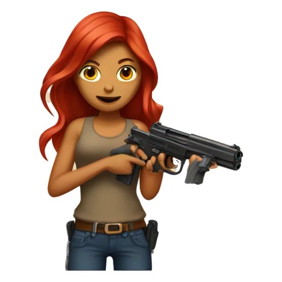 Tan girl with long red hair holding a gun sticker