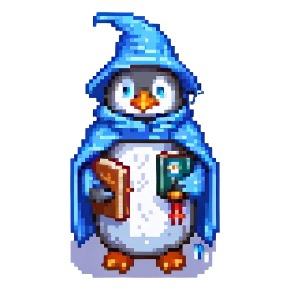 pixel art penguin wizard with a blue cloak and a tiny spellbook, standing on ice sticker