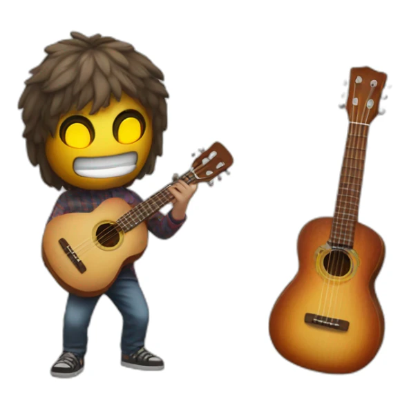 A guy with a ukelele and a led mask with 2 eyes sticker