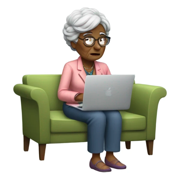Grandma sitting on the sofa with MacBook, smoking a cigarette and looking in the laptop with a dissatisfaction sticker