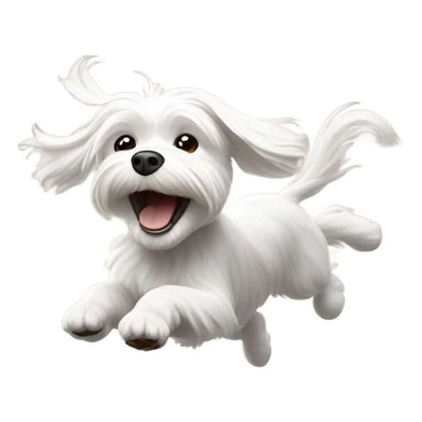 Pixar-style Maltese dog joyfully jumping in mid-air, with a playful expression and motion lines emphasizing its movement, set against a minimalistic background, emoji-style. sticker