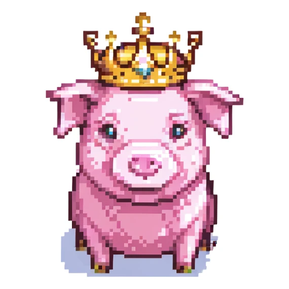 pixel art pig with a shiny gold crown, simple background sticker