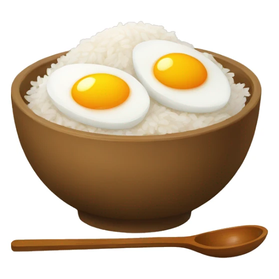 a bowl of rice with two eggs and two chicken sticker