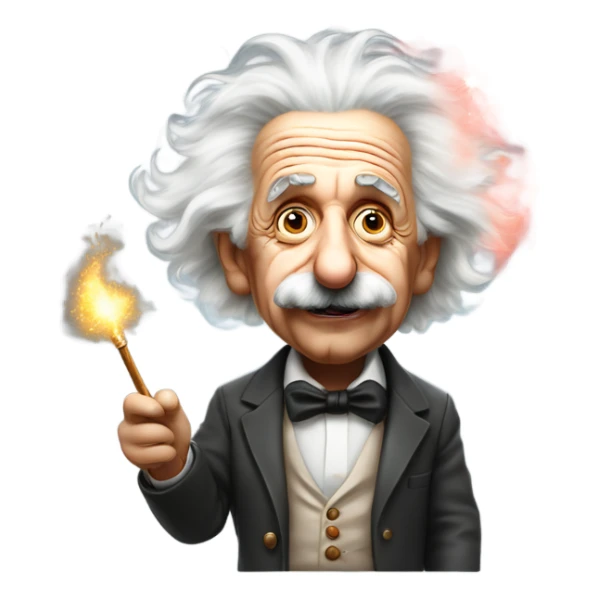 Albert Einstein holds a magic wand in his hand that’s emitting smoke. His eyes are red sticker
