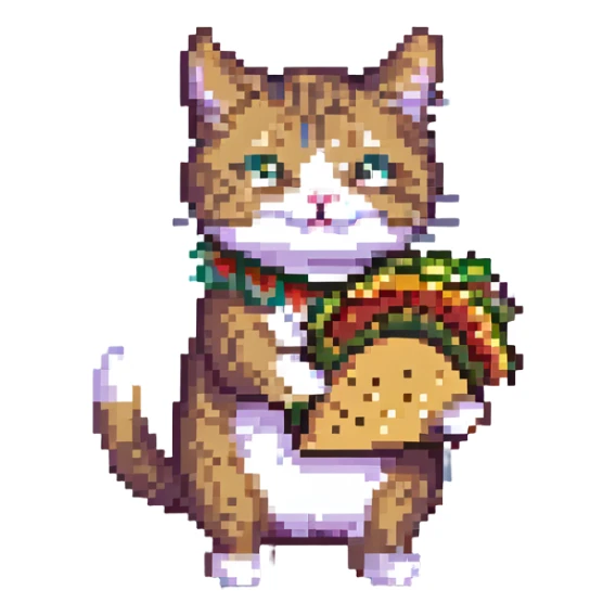 a taco cat running, dynamic pose, pixel art style, bright colors, cat with motion blur effect sticker