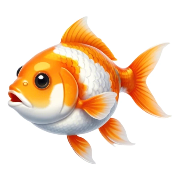 Cinematic Cute Orange and White Goldfish Portrait Emoji, Head tilted playfully and inquisitively, featuring a glossy, vibrant body adorned with a striking mix of orange and white, round, sparkling golden eyes filled with curiosity, Simplified yet irresistibly adorable features, highly detailed, glowing with a warm, friendly glow, high shine, affectionate and lively, stylized with a touch of whimsy, bright and endearing, soft glowing outline, capturing the essence of a mischievous yet loving goldfish, so playful it feels like it could swim out of the screen and into your heart! sticker