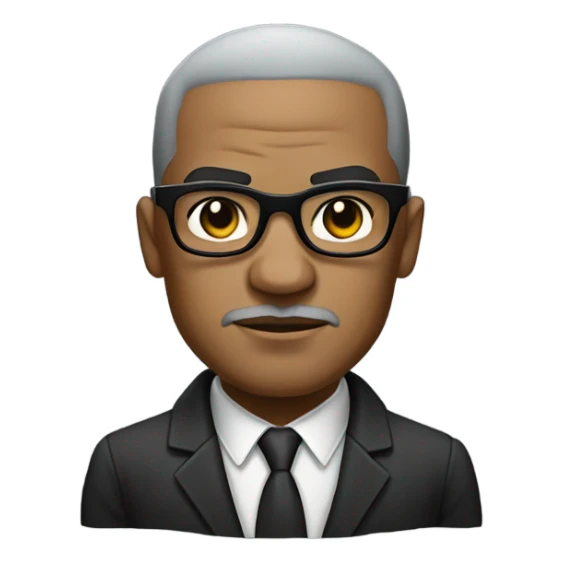 Malcolm x  with small round face and suit and glasses and buzz cut and small black eyes and small gray beard and small black eyes and wrinkled forehead sticker