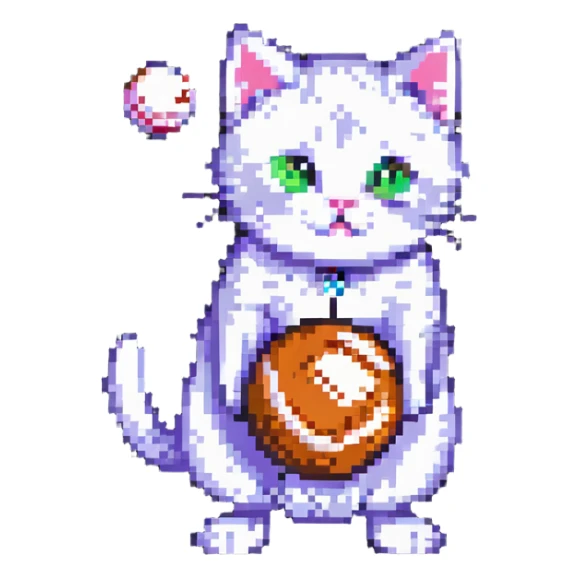 a cute cat batting a ball, pixel art style sticker
