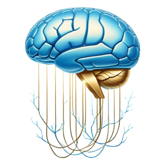 Shimmering pearlescent blue capsule floating in the foreground with an ethereal, glowing brain positioned behind it. Golden neural connections illuminate the brain. A small liver symbol nearby, all surrounded by a mystical aura of mental clarity sticker