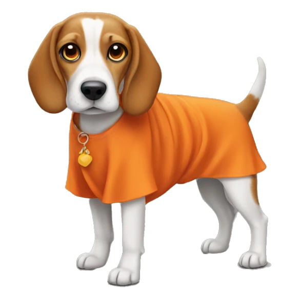 Beagle wearing an orange dress sticker