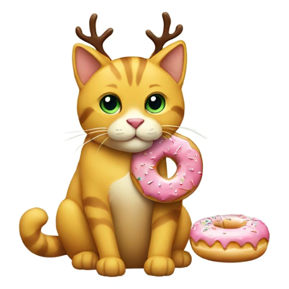 A yellow cat with a reindeer headband and a donut  sticker