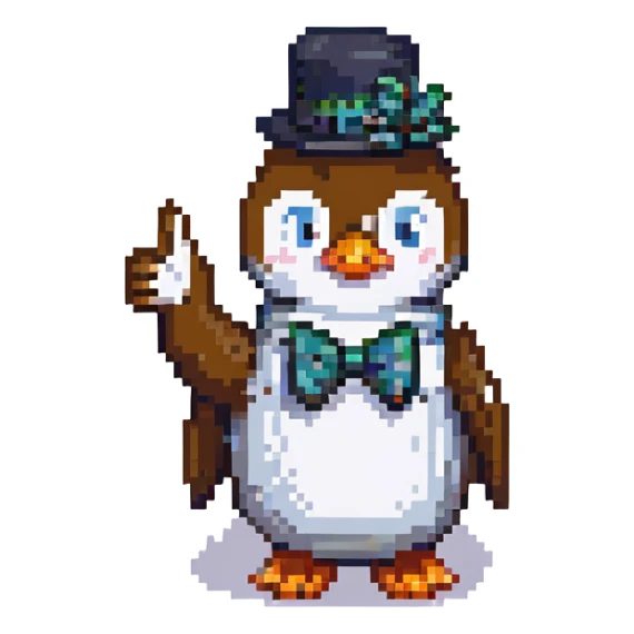 pixel art penguin with a bow tie giving a thumbs up with 'Abone ol' text nearby sticker