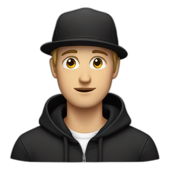 A white guy wearing a black hoodie and a black hat sticker