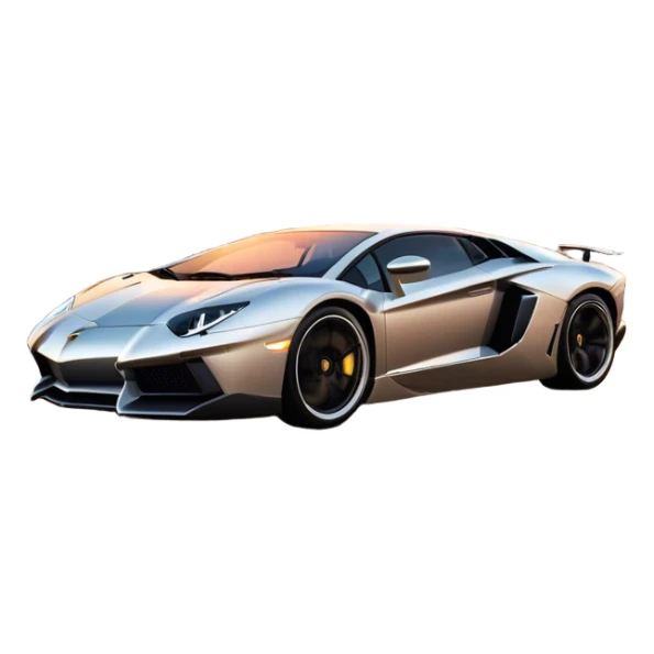 Lamborghini Aventador speeding down Sunset Avenue at dusk, headlights blazing. The sky glows in warm sunset hues, reflecting off the sleek car. Motion blur emphasizes speed, with palm trees and city lights in the background. Transparent background. sticker