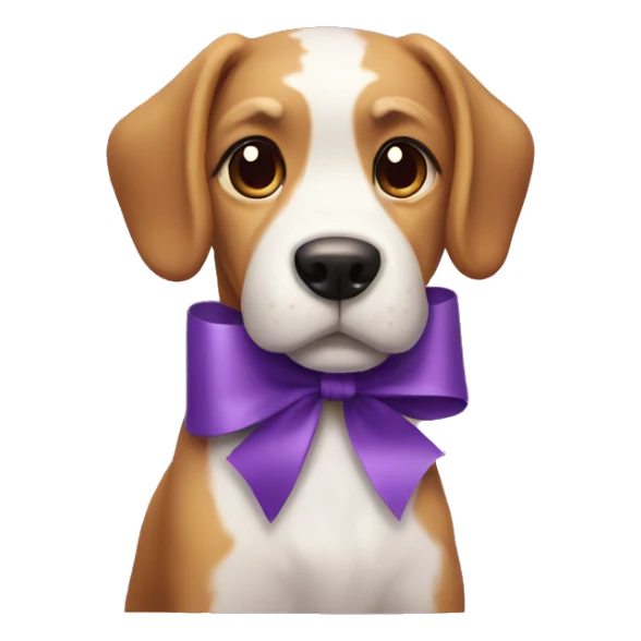 a dog with a ribbon on it and with purple cake sticker