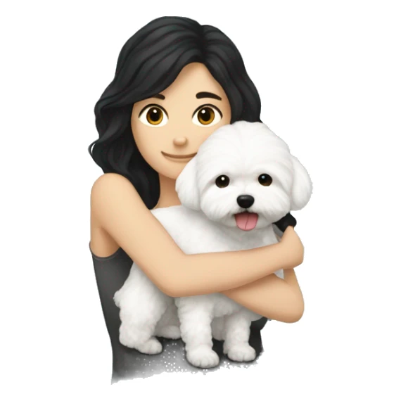 Long black-haired white woman hugging her white maltipoo sticker