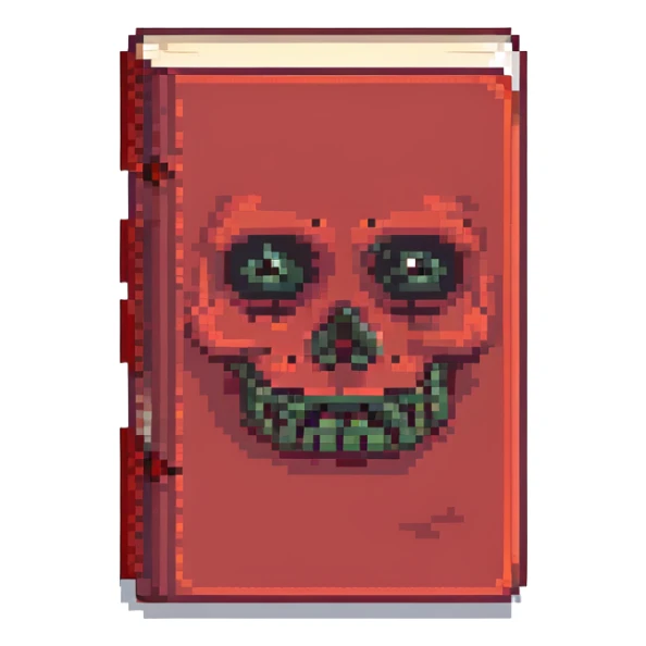 red cursed book with a sinister face pixel art sticker