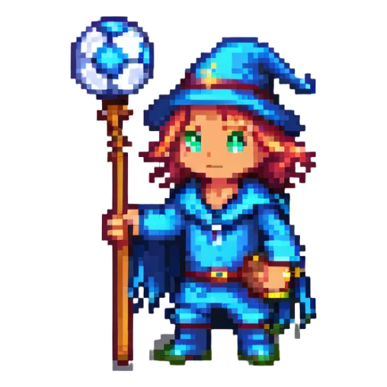 pixel art of a soccer player with a wizard staff and magical aura sticker