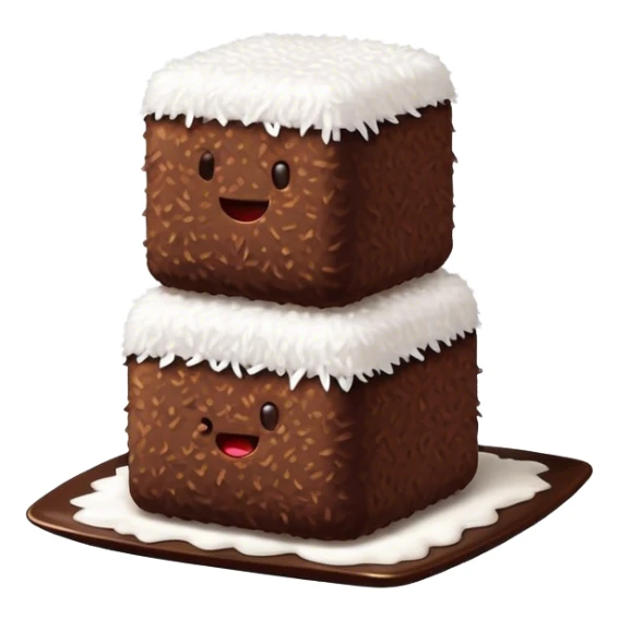 Cinematic Realistic Lamingtons Dessert Emoji, depicted as soft sponge squares coated in chocolate and coconut rendered with mouth‚Äêwatering detail and vibrant lighting. sticker