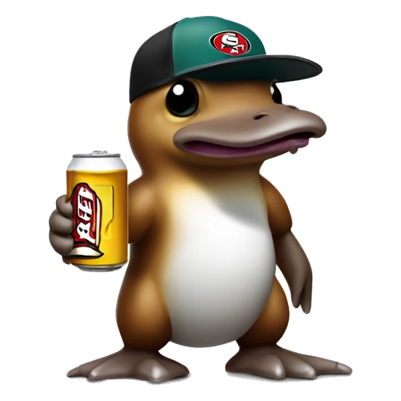 cartoon platypus in a white 49ers cap holding a beer can sticker